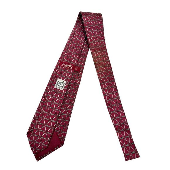 Hermes Paris Men's Maroon Buckle Pattern 100% Silk Neck Tie One Size - Picture 6 of 7